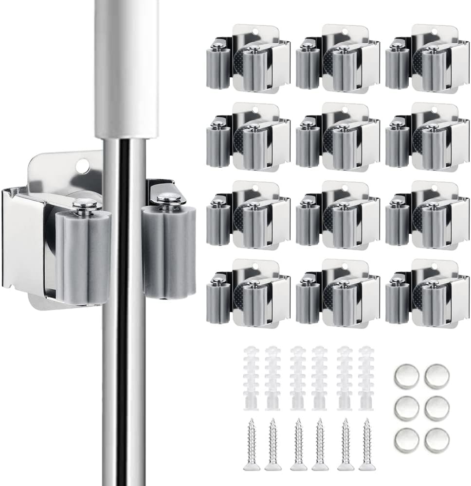 JAMEND CLXP 6PCS Broom and Mop Holder, Heavy Duty Garden Tool Organizer Rack Rake and Shovel Handle, Stainless Steel Mop Hanger. Screws for Wall Mounted. Matte Black