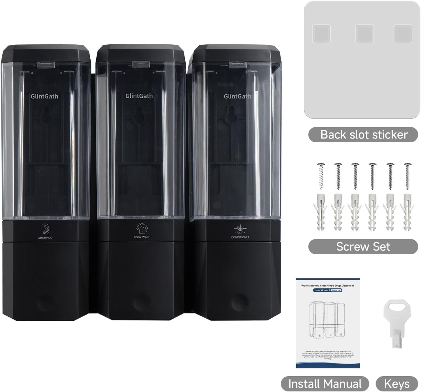 GlintGath Shower Dispenser 3 Chamber No Drill Wall Mounted Shampoo Conditioner Body Wash Dispenser, Large Capacity 1500ML, Black