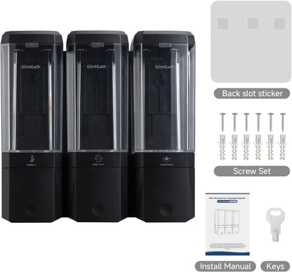 GlintGath Shower Dispenser 3 Chamber No Drill Wall Mounted Shampoo Conditioner Body Wash Dispenser, Large Capacity 1500ML, Black