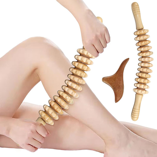 Wooden Massage Roller Stick with Triangle Massager, 12 Rollers Curved Wood Therapy-Massage Tool for Cellulite Reduction and Muscle Tension, 16.9inch