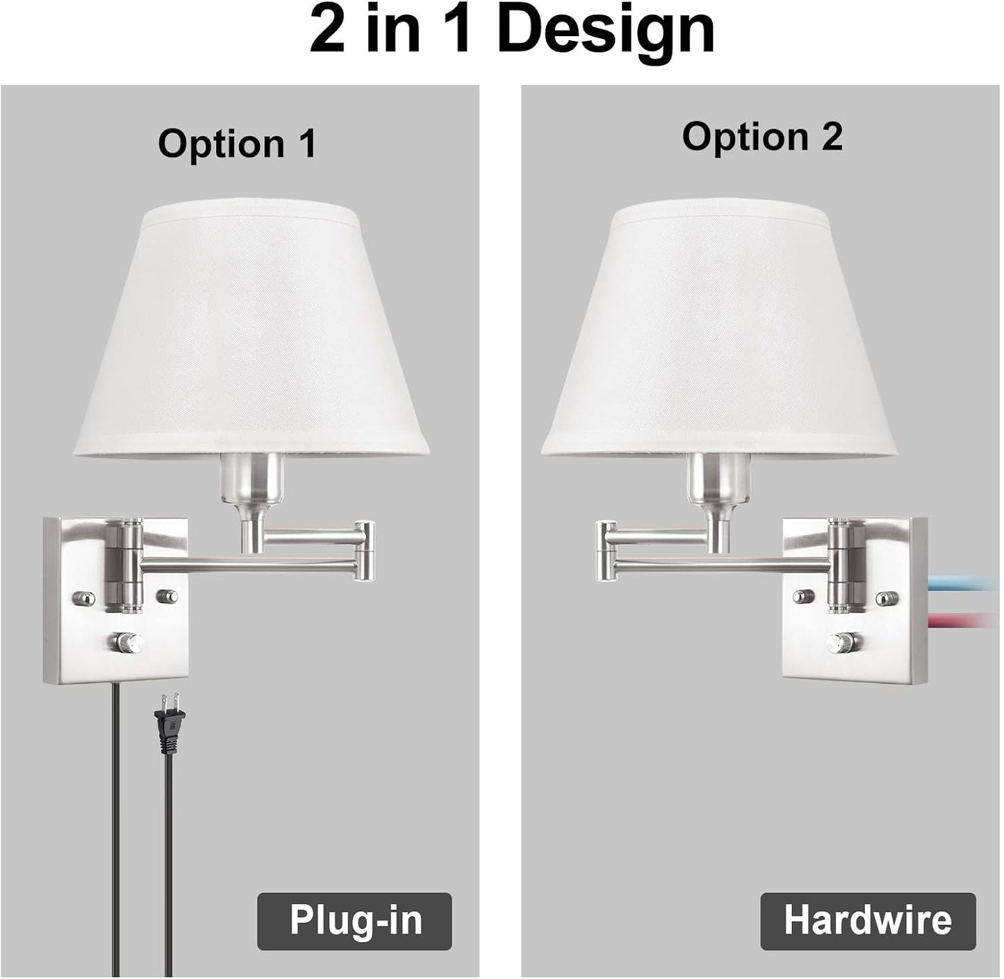 TRLIFE Wall Sconce Plug in, Dimmable Wall Sconces Set of Two Swing Arm Wall Lights with Plug in Cord and On/Off Dimmer Rotary Switch, 9.4" Medium Beige Fabric Shade(2 Pack, 2 Bulbs)