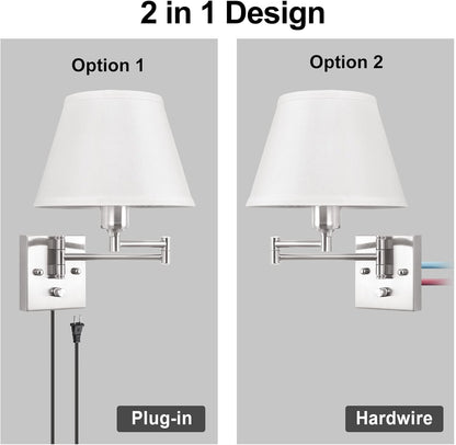 TRLIFE Wall Sconce Plug in, Dimmable Wall Sconces Set of Two Swing Arm Wall Lights with Plug in Cord and On/Off Dimmer Rotary Switch, 9.4" Medium Beige Fabric Shade(2 Pack, 2 Bulbs)
