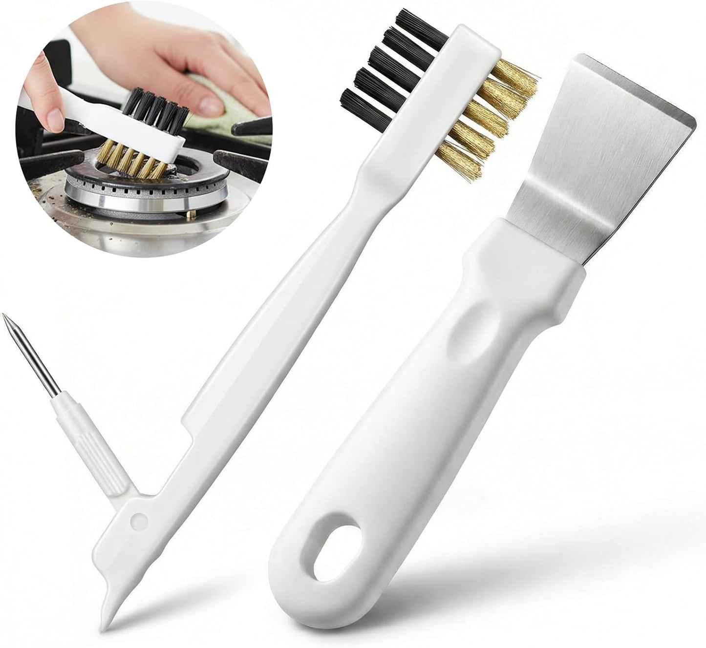 Gas Stove Top Cleaner Set - Kitchen Cleaning Scrub Brush with Cooktop Scraper + Scraper Tool, Household Cleaning Tools & Scrubber for Range Hood Grease Grime