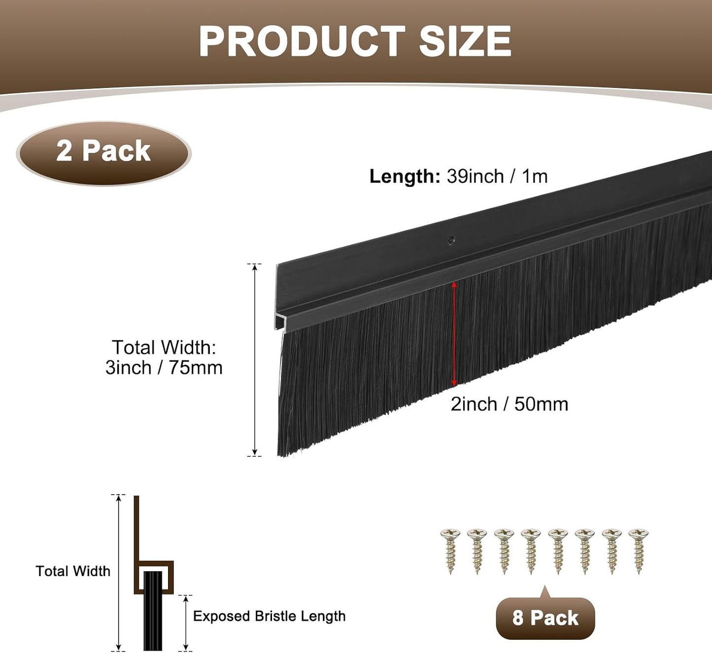 M METERXITY 2Pack Door Sweep - 39" Door Bottom Brush Heavy Duty Seal Draft Stopper Aluminum Base with 20mm Brush, Adhesive/Screw Installation for Interior/Exterior/Garage/Sliding Doors, Black