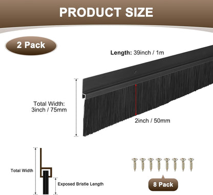 M METERXITY 2Pack Door Sweep - 39" Door Bottom Brush Heavy Duty Seal Draft Stopper Aluminum Base with 20mm Brush, Adhesive/Screw Installation for Interior/Exterior/Garage/Sliding Doors, Black