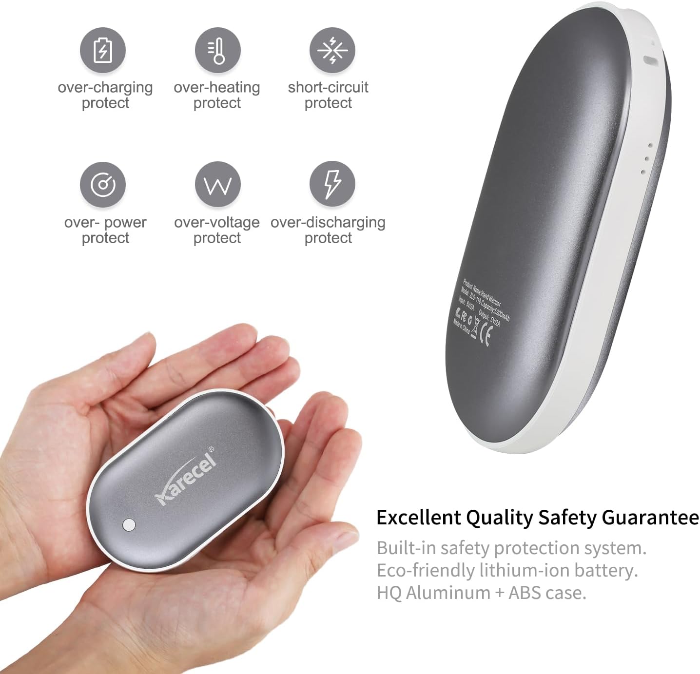Karecel Rechargeable Hand Warmer, 5200mAh Double-Sided 4-inch Full-Surface Heat Electric Hand Warmer, Up to 11Hrs, Portable Handwarmer Pocket Heater, Tech Gifts for Men Women, Winter Essentials