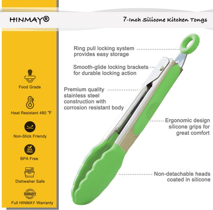 HINMAY Mini Tongs with Silicone Tips 7-Inch Serving Tongs, Set of 3 (Red Blue Green)