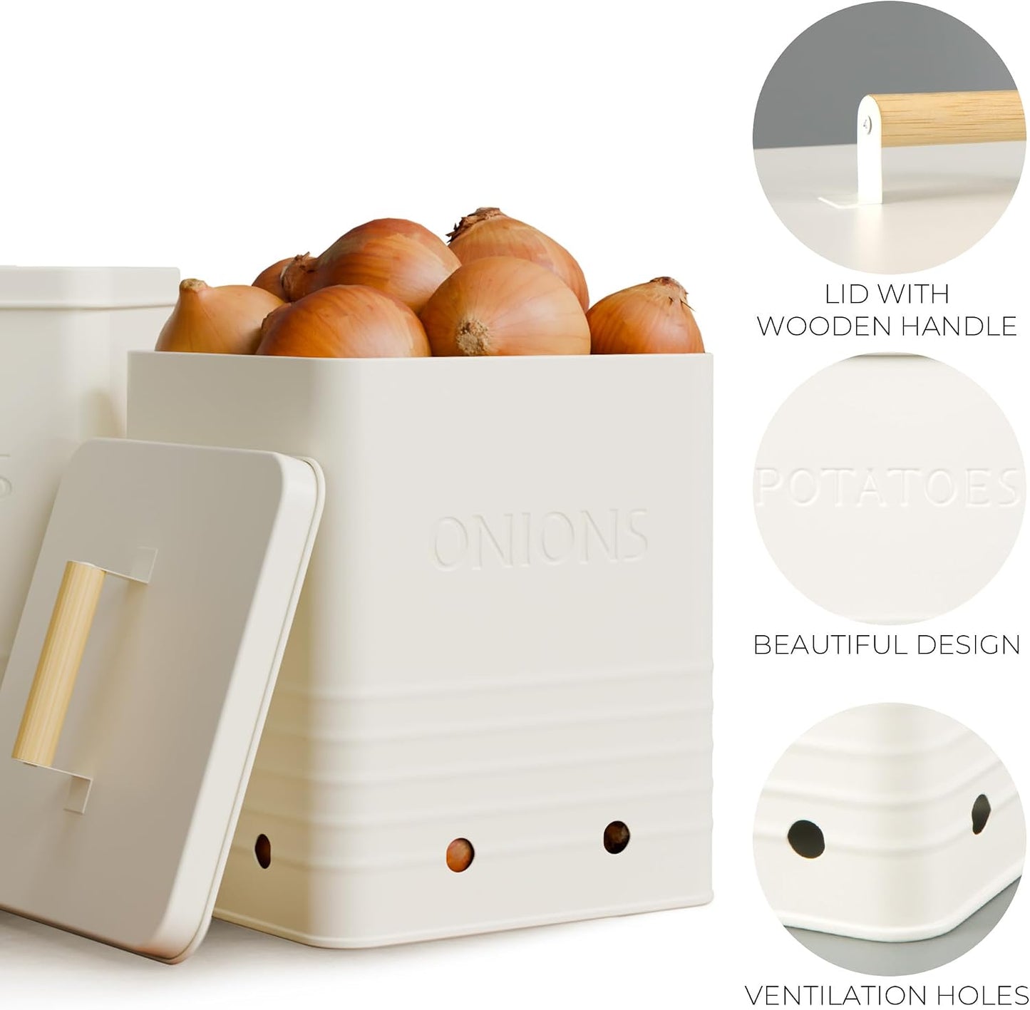 Beautiful Potato and Onion Storage Container Set - Food Safe Metal Bins | Spacious 10.1" and 8.9" Canisters for Your Kitchen Counter or Pantry - Keeps Produce Fresh Longer