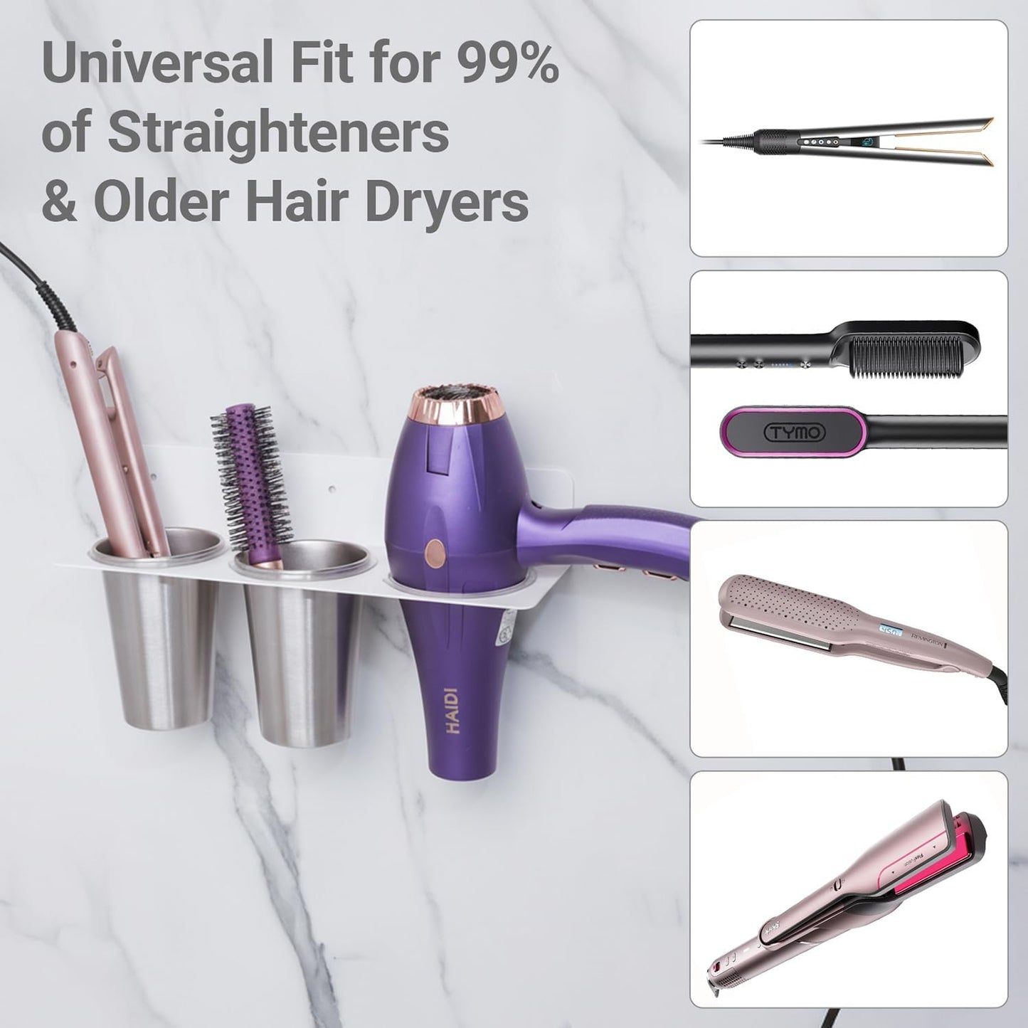 Hair Tool Organizer Wall Mount, Stainless Steel Hair Tool Holder with 2 Heat-Resistant Cups, Curling Iron Holder for Vanity, Hot Tools Organizer with PVC Ring,Hair Dryer Holder for Bathroom, BANJEKT