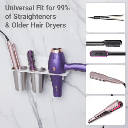 Hair Tool Organizer Wall Mount, Stainless Steel Hair Tool Holder with 2 Heat-Resistant Cups, Curling Iron Holder for Vanity, Hot Tools Organizer with PVC Ring,Hair Dryer Holder for Bathroom, BANJEKT