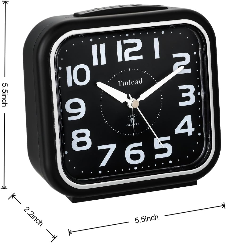 Tinload 5.5" Large Analog Alarm Clock Silent Non Ticking, Gentle Wake, Beep Sounds, Increasing Volume, Battery Operated Snooze and Manual Light, Easy Set, Black (Best for Elder)