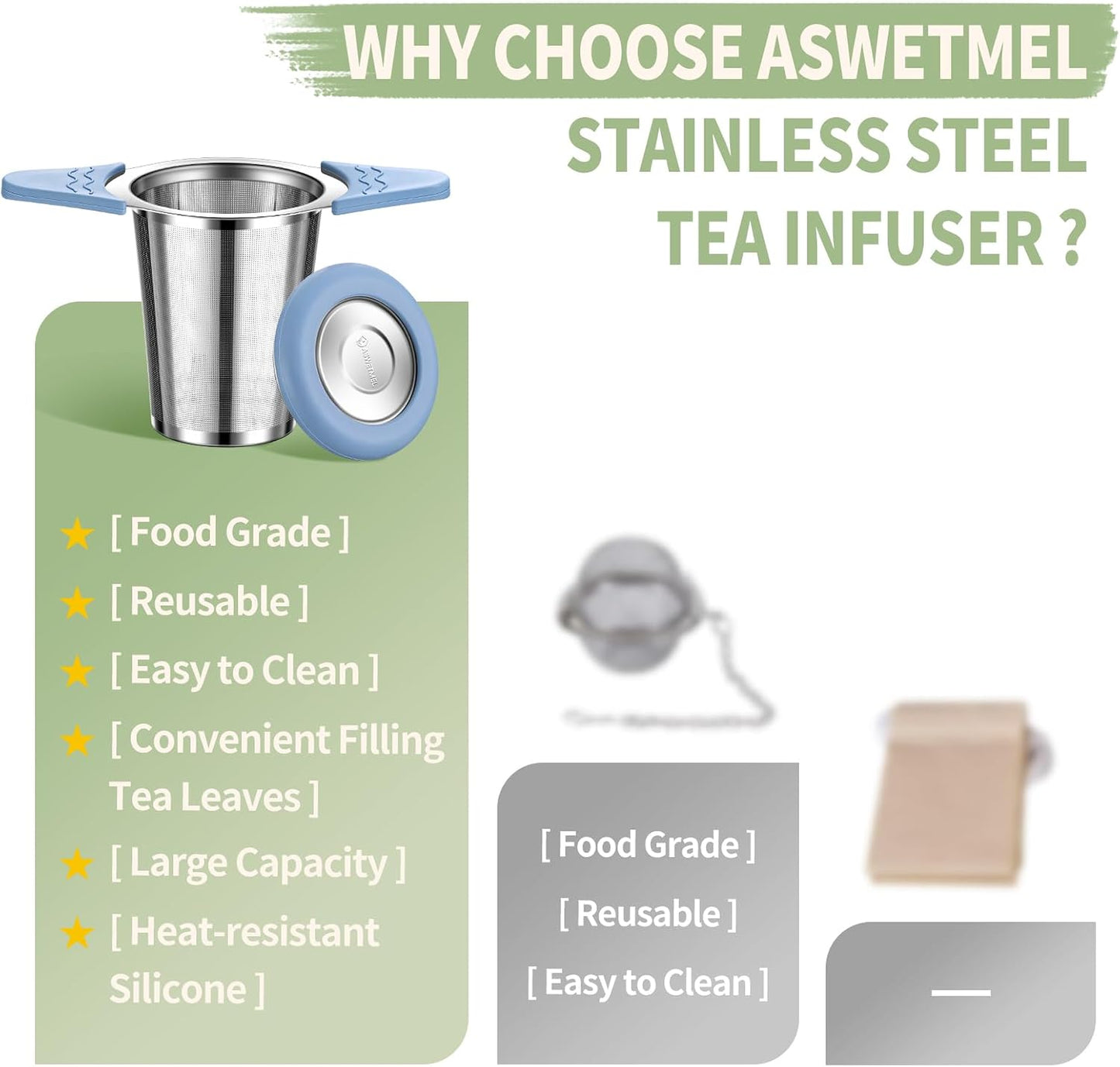 Tea Infuser for Loose Leaf Tea, ASWETMEL Stainless Steel Tea Infuser with Heat Proof Silicone Handles, Extra Fine Mesh Tea Strainers Filter Fine Tea Leaves Effectively, Fits Tea Pots, Mugs, Cup