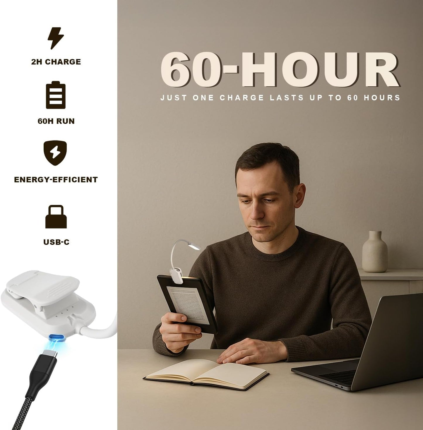 Rechargeable Book Light for Reading in Bed 25 LED - Eye Caring 15 Level Stepless Dimming, Extended 90Hrs Runtime, Lightweight Clip on Light, Gifts for Book Lovers, Black