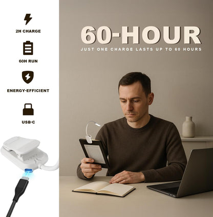 Rechargeable Book Light for Reading in Bed 25 LED - Eye Caring 15 Level Stepless Dimming, Extended 90Hrs Runtime, Lightweight Clip on Light, Gifts for Book Lovers, Black