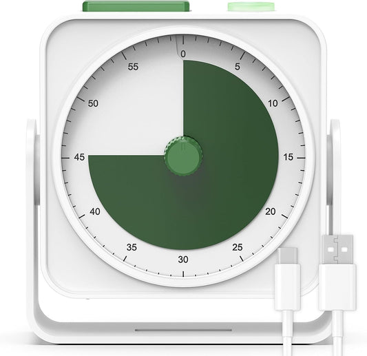Rechargeable Visual Timer 60-Minute for Classroom Countdown Stopwatch Timer, w/Adjustable Stand for Homeschool Supplies Study Time Management Tool, for Desk Office Work Meetings, Mute Function, White