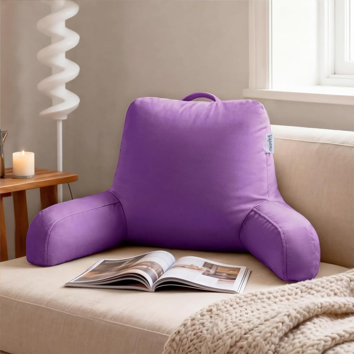Reading Pillow with Adjustable Memory Foam,Adult Backrest with Arms, Back Pillow for Sitting in Bed with Washable Cover- Large, Gray
