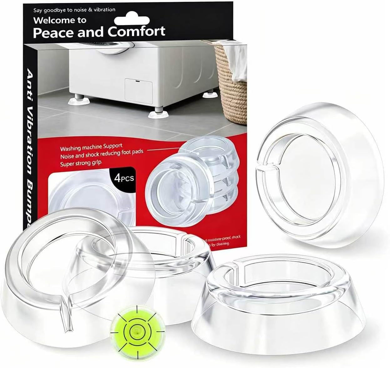Anti Vibration Pads for Washing Machine, 4 Pack Clear PU Washer Dryer Feet Pads with Leveling Tool, Noise Reducing Anti Slip Anti Walk Shock Absorber Stabilizer for Washer, Dryer & Furniture
