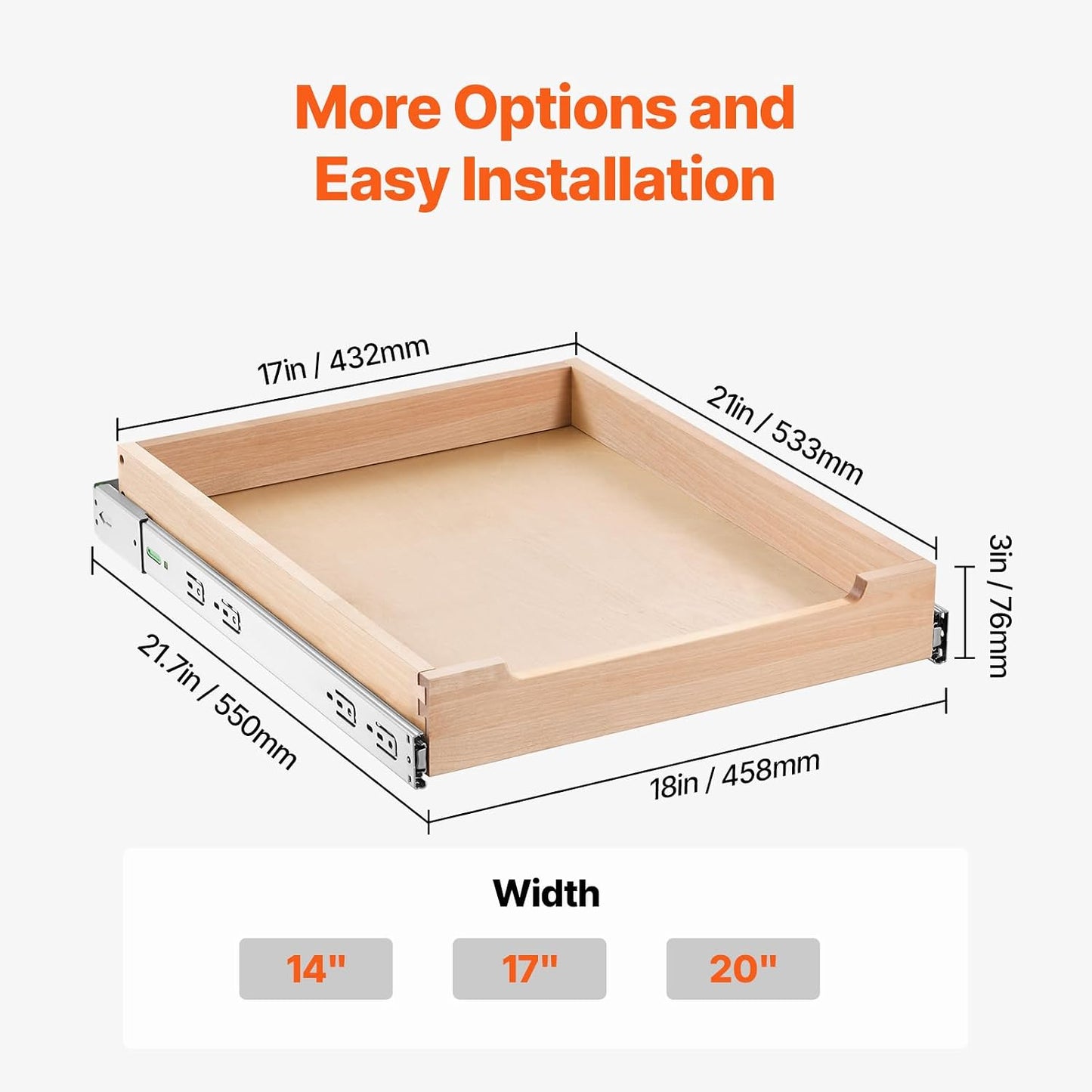 VEVOR Pull Out Cabinet Organizer, 14"W x 21"D Cabinet Drawer, Soft Close Slide out Shelf, Heavy-Duty Sliding Wood Drawer, Bottom Mount Size（14.5"W x 23"D）and Side Mount Size（15"W x 23"D） | Heavy-Duty Sliding Shelf with Bottom or Side Mounting for