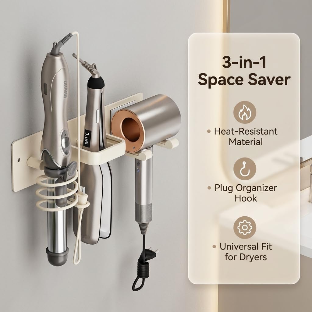 Universal Hair Dryer Holder, Self Adhesive Wall Mount, White | Universal storage rack fits most brand blow dryers, ideal for bathroom organization