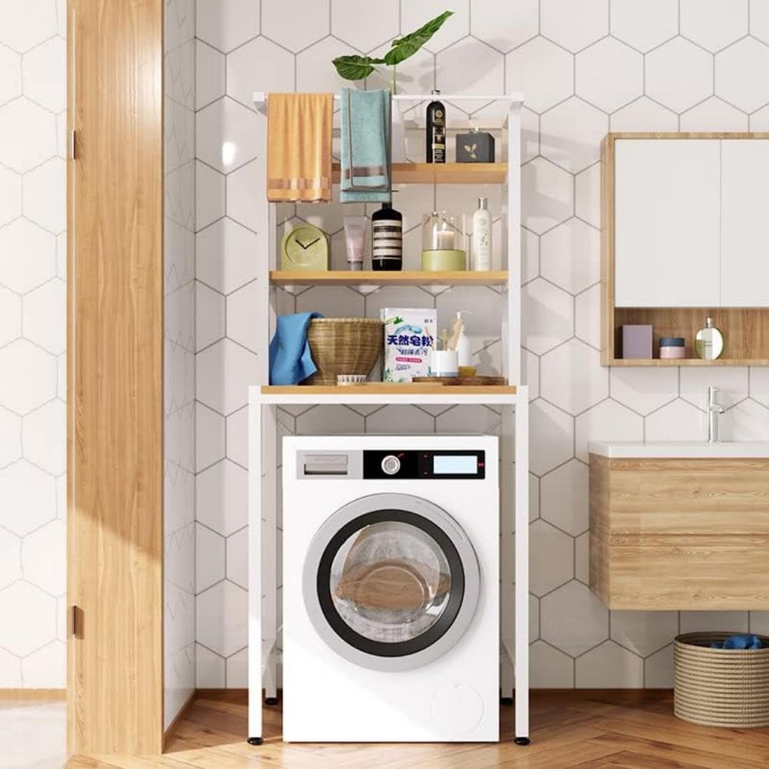 3 Tier Wooden Over The Washer and Dryer Storage Shelf, Bathroom Shelf Washing Machine Storage Shelves Utility Rack Freestanding Laundry Drying Rack Heavy Duty for Bathroom