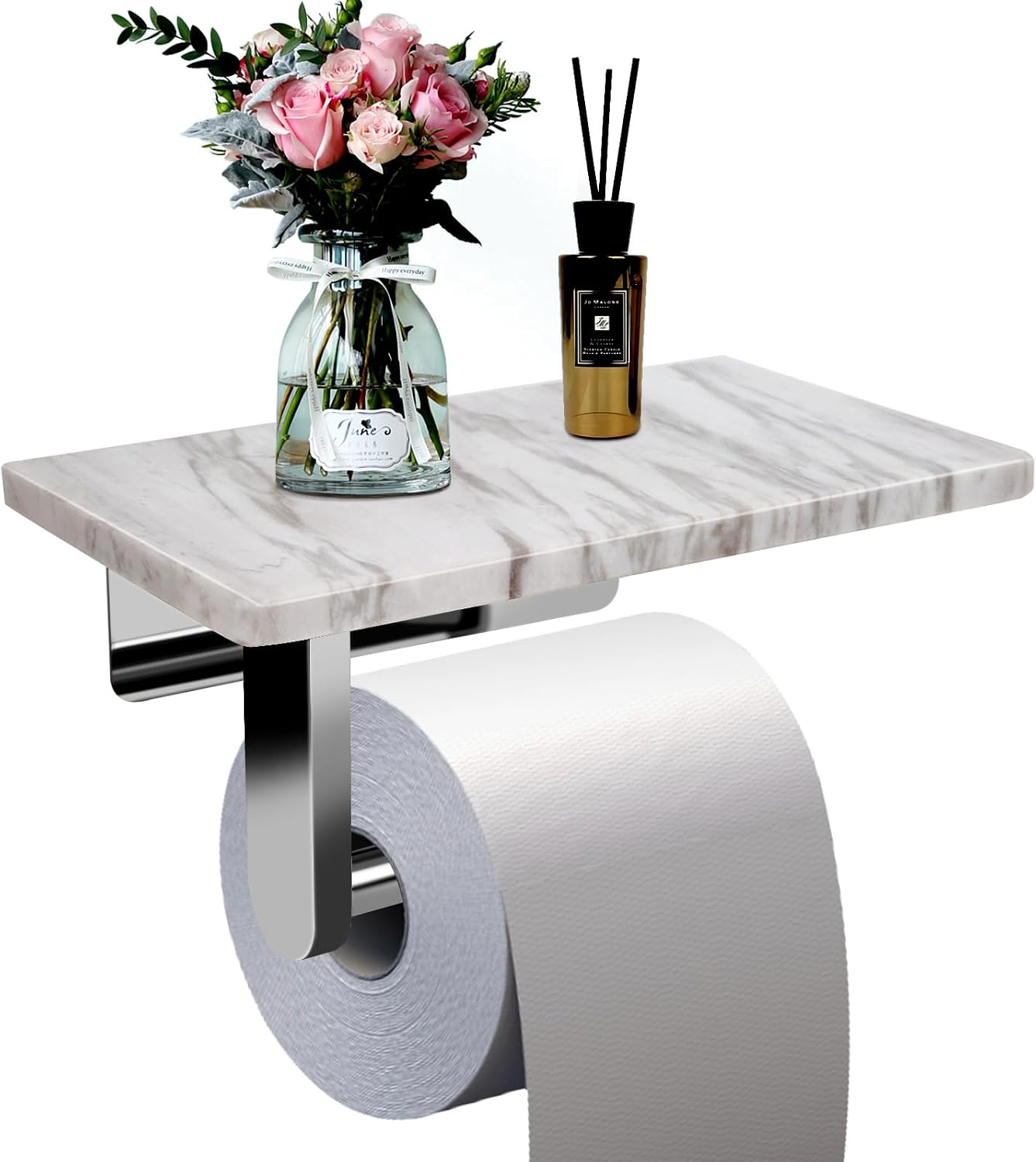 Toilet Paper Holder with Natural Marble Shelf for Bathroom Washroom,Wall Mounted Tissue Holder Suitable for Mega Roll (Brushed Nickel,Small 6.7 * 4.3 in)