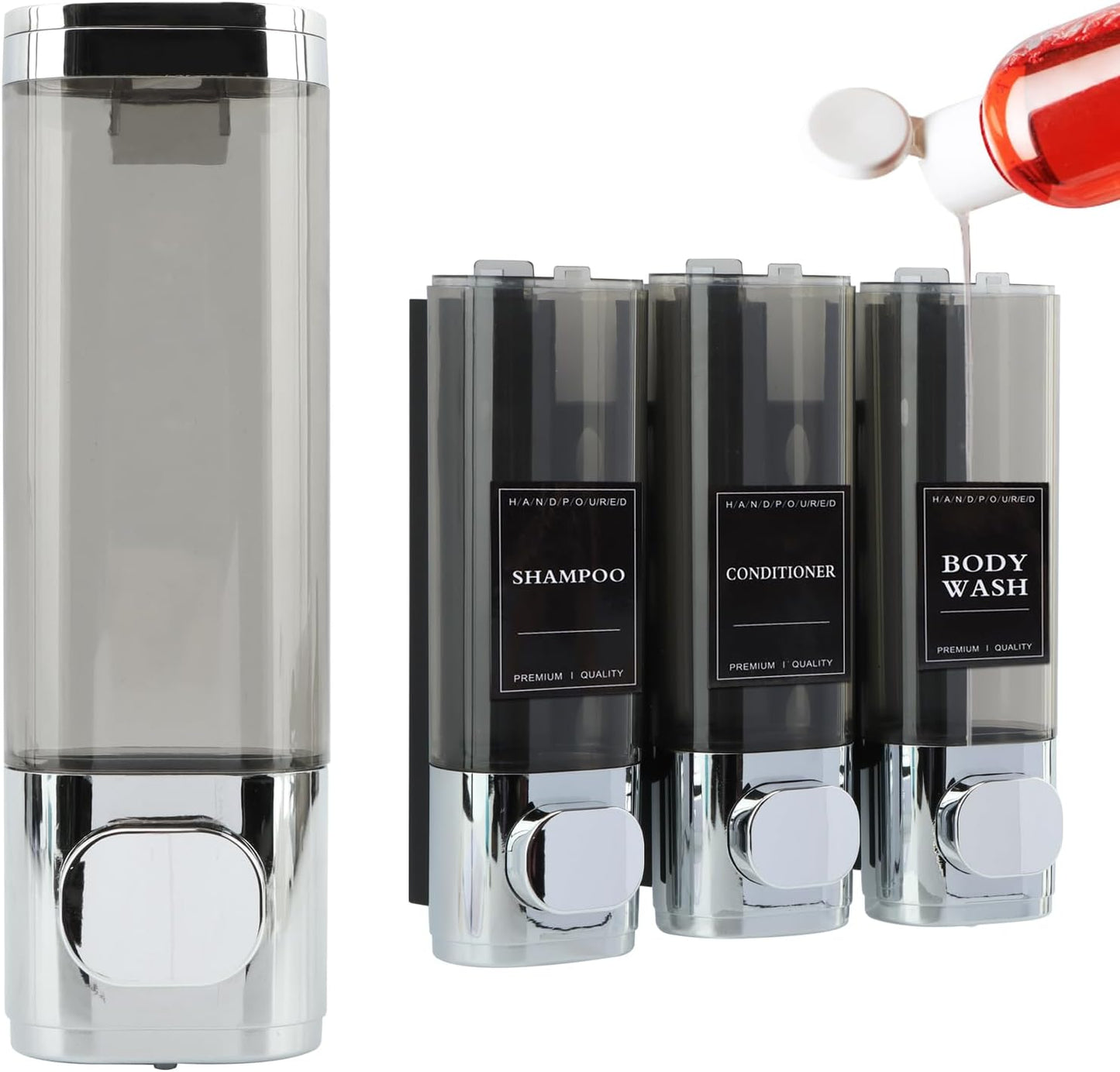 Shampoo and Conditioner Dispenser 3 Chamber No Drill Shower Soap Dispenser Wall Mounted, Shampoo Dispenser for Shower Wall Body Wash Dispenser for Bathroom Toilet Hotel Kitchen