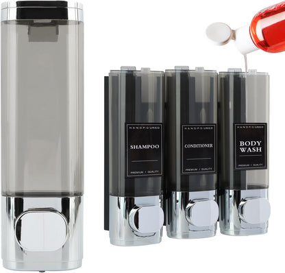 Shampoo and Conditioner Dispenser 3 Chamber No Drill Shower Soap Dispenser Wall Mounted, Shampoo Dispenser for Shower Wall Body Wash Dispenser for Bathroom Toilet Hotel Kitchen