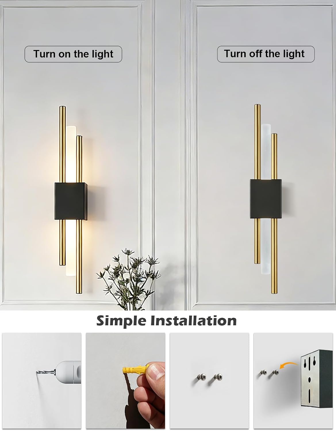 USB Rechargeable Wall Sconces Set of 2, Wireless Cordless Wall Lamp with Dimmable Timer, No Wiring Needed Mounted Wall Light, Modern Decor wall lights for Living Room, Bedroom, Study, Corridor