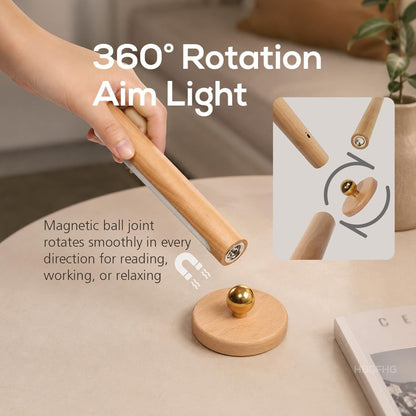 Wooden Wall Lamp 360° Rotatable Magnetic Sconce Rechargeable Bedside-1 Pack | Night light bar with stepless dimming,USB-C. Modern style mount on table, desk for reading, artwork,ambient home
