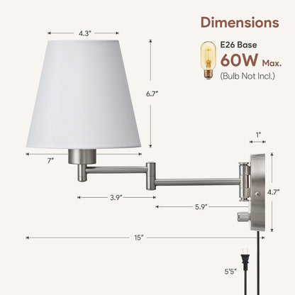 VONLUCE Wall Lamp, Plug in & Swing Arm Wall Sconce, Nickel Finish | Modern Wall Lights with White Fabric Shades, Plug in & Hardwired Wall Mounted Light for Bedside, Living Room, Hallway