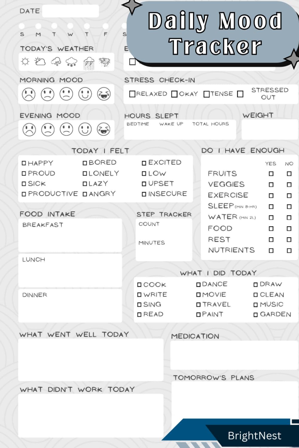 Daily Mood Tracker: Selfcare Journal: 120page | Track Mood, Stress, Energy, Sleep, Food, Habits, and Daily Reflection | Undated