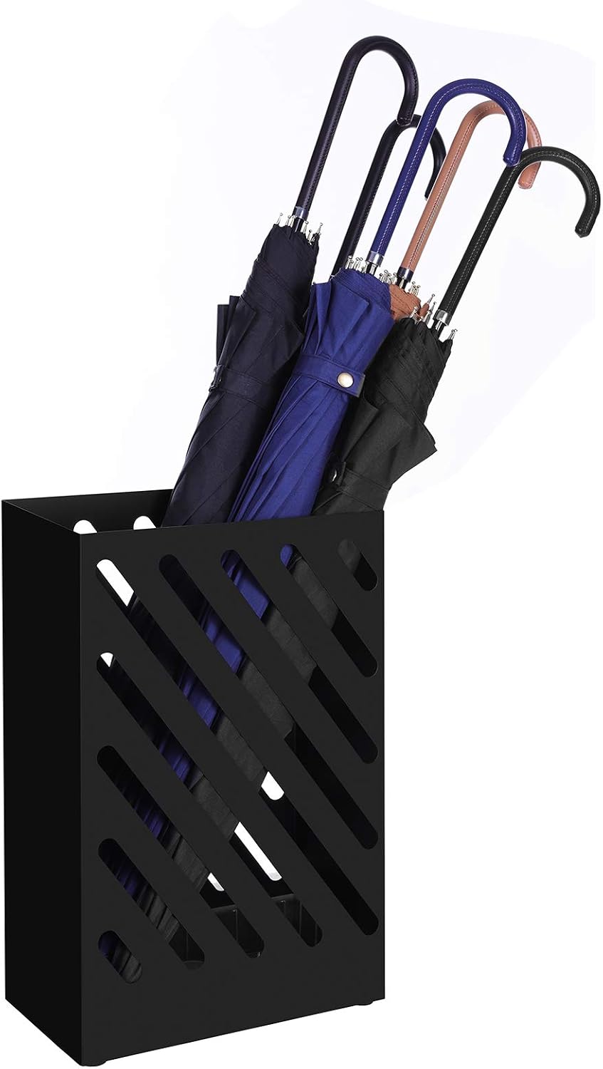 SONGMICS Metal Umbrella Stand, Rectangular, Removable Drip Tray, 4 Hooks | Umbrella Holder Rack, Cutout Design, for Entryway, Office, Matte Black, PATSY Collection ULUC03BK