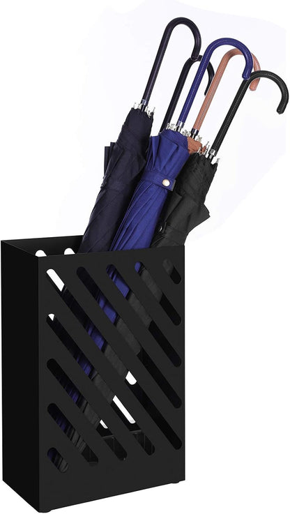 SONGMICS Metal Umbrella Stand, Rectangular, Removable Drip Tray, 4 Hooks | Umbrella Holder Rack, Cutout Design, for Entryway, Office, Matte Black, PATSY Collection ULUC03BK