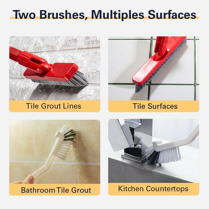 Foxtrot Living Grout Brush with Long Handle and Crevice Cleaning Brush Set | V-shaped, telescopic handle, crevice cleaning included, Grout cleaner for tile floors