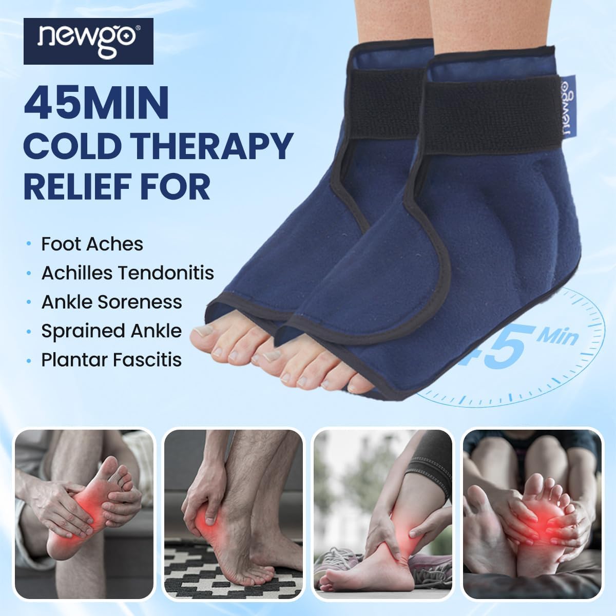 NEWGO Ice Pack for Foot Injuries Recovery, Blue | Reusable Gel Ice Wraps for Heel, Ankle, Soothes Plantar fasciitis, Bunion Surgery Pain, Ideal for Injury Recovery