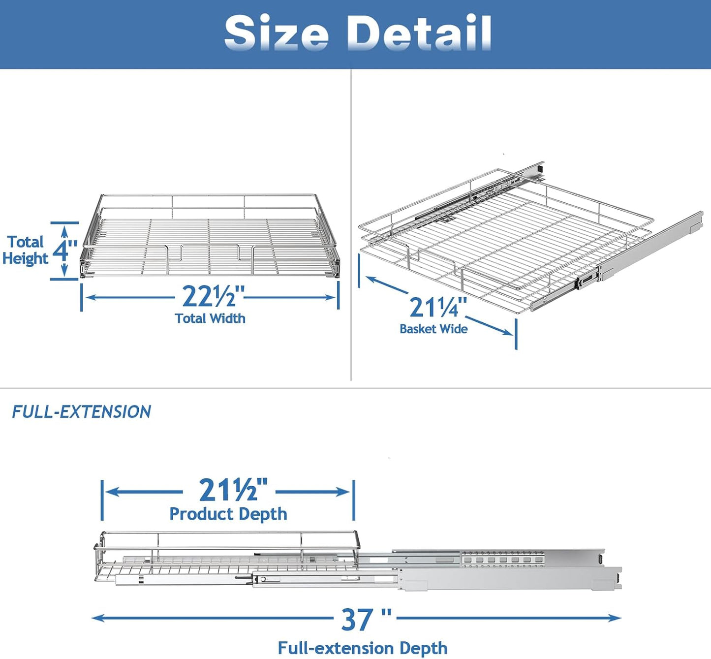 ROOMTEC Pull Out Cabinet Organizer, Pull Out Shelves 5½" W x 21½" D, Heavy Duty Cabinet Drawers Slide Out Kitchen Organizers Storage Shelf