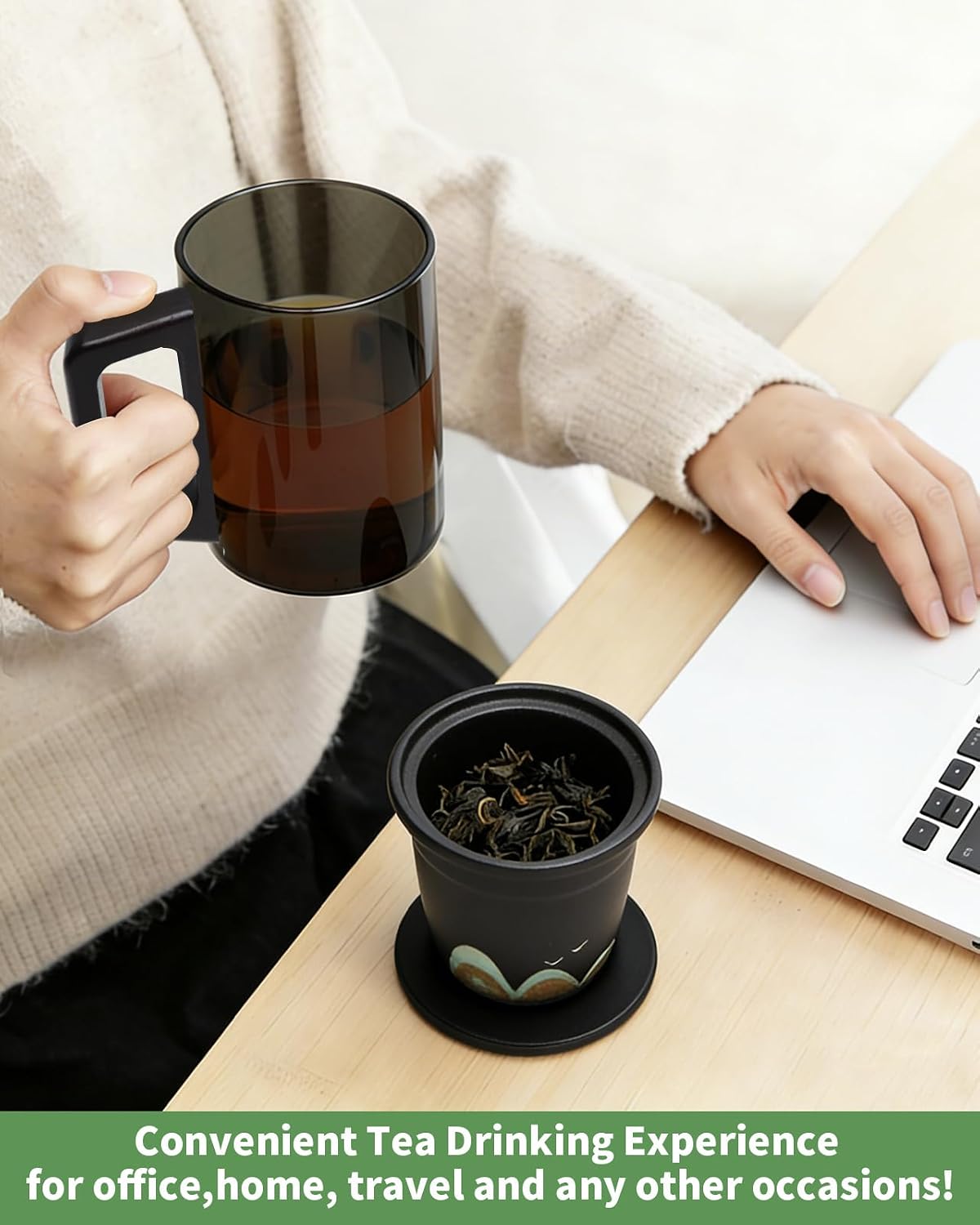 Tea Mug with Infuser and Lid for Loose Leaf Tea, Premium Glass Cup with Ergonomic Wooden Handle, Embossed Oriental Mountain Ceramic Strainer, Unique Gift for Tea Lovers Men Women Black