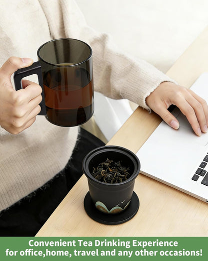 Tea Mug with Infuser and Lid for Loose Leaf Tea, Premium Glass Cup with Ergonomic Wooden Handle, Embossed Oriental Mountain Ceramic Strainer, Unique Gift for Tea Lovers Men Women Black