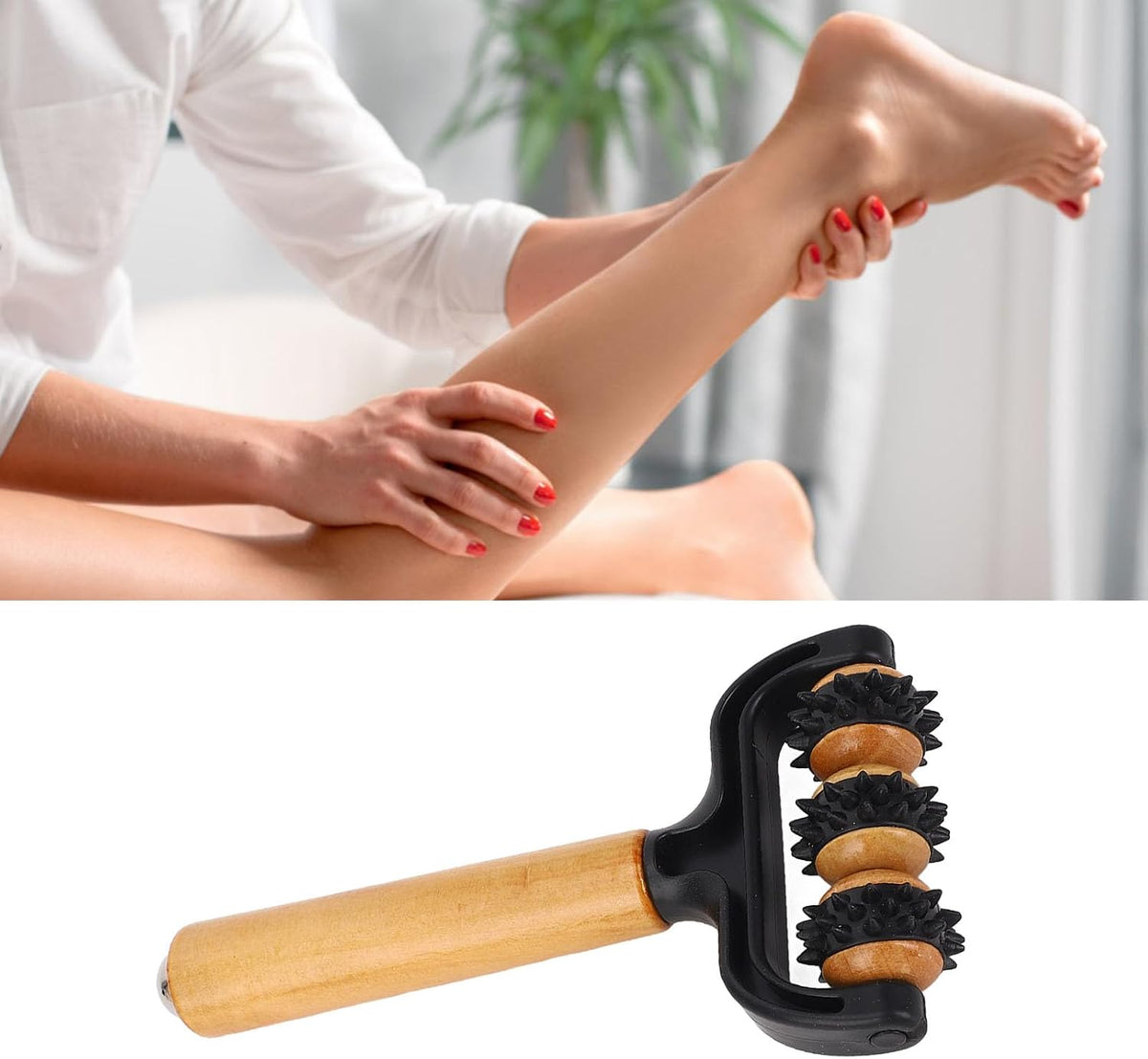 Handheld Spiky Massage Balls Roller, 3 Wheels Spiky Point Muscle Massage Roller with Wood Handle, Muscle Relaxation Tools for Foot Arm Body Neck Leg Pain Pressure Relief