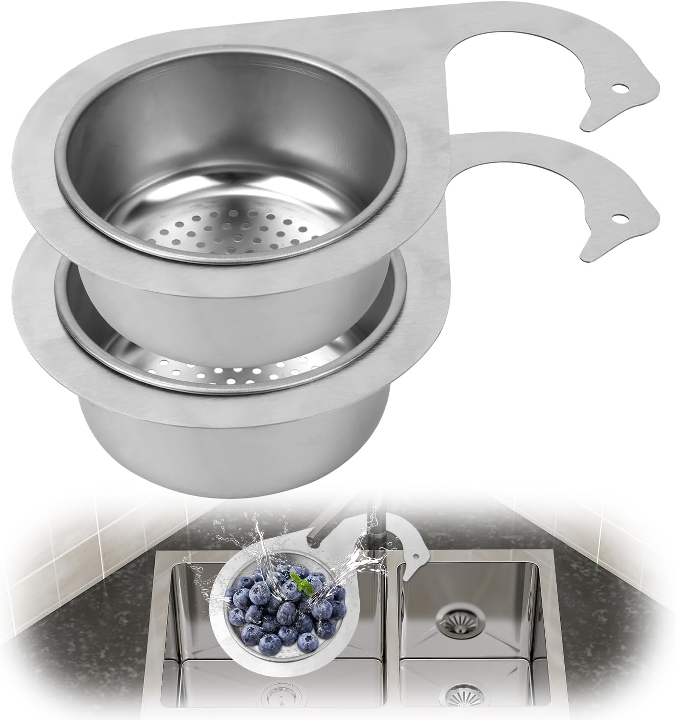 2pcs Swan-Shaped Drain Basket, Stainless Steel Sink Strainer Catcher Multi-Functional Quick Drain Kitchen Filter for Fruits Vegetables, Faucet Hanging (Small)