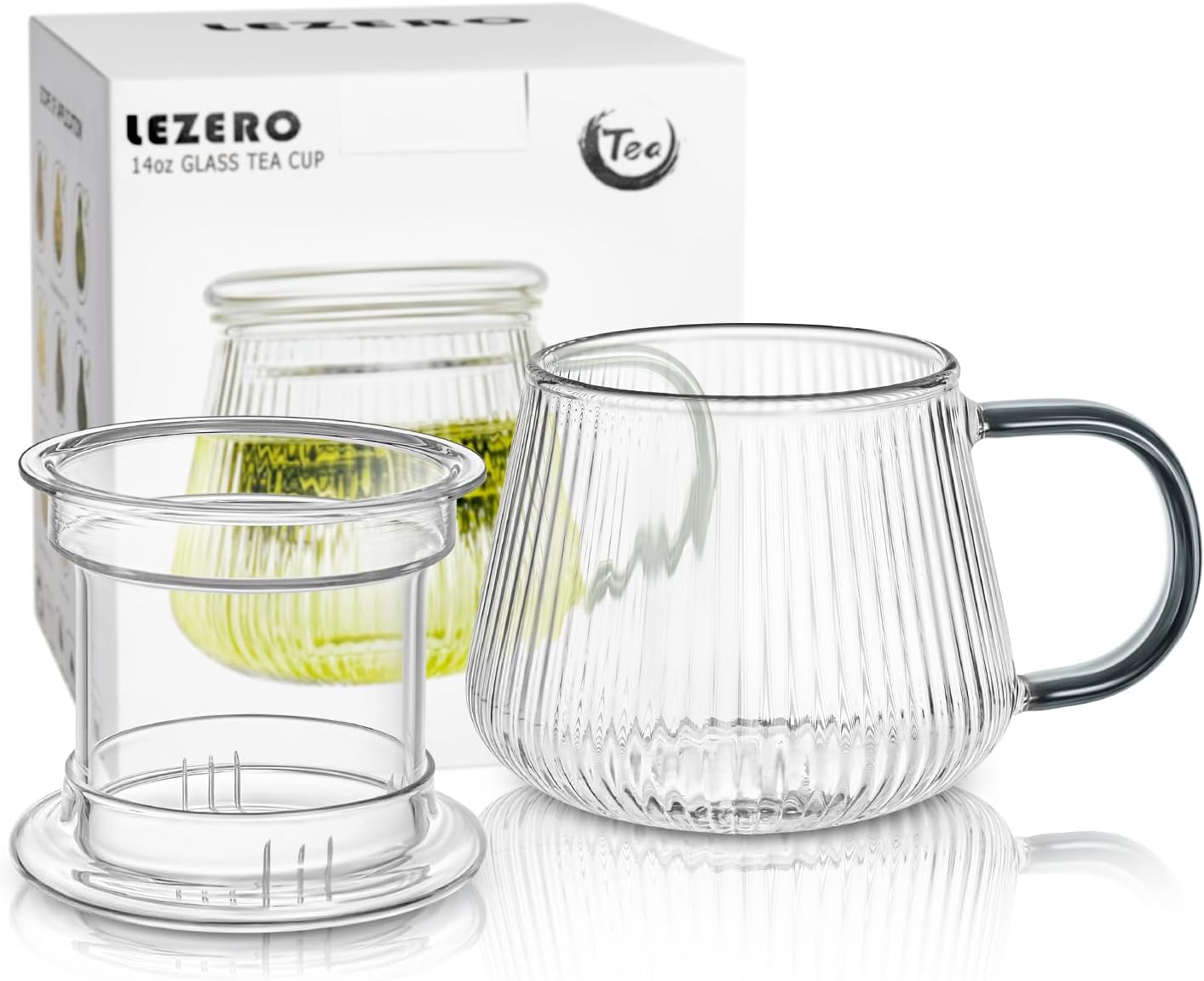 Glass Tea Infuser Cup with Lids and Handle for Blooming & Loose Leaf, 14oz | Borosilicate, Heat Resistance, Lead-free, Microwave & Dishwasher Safe