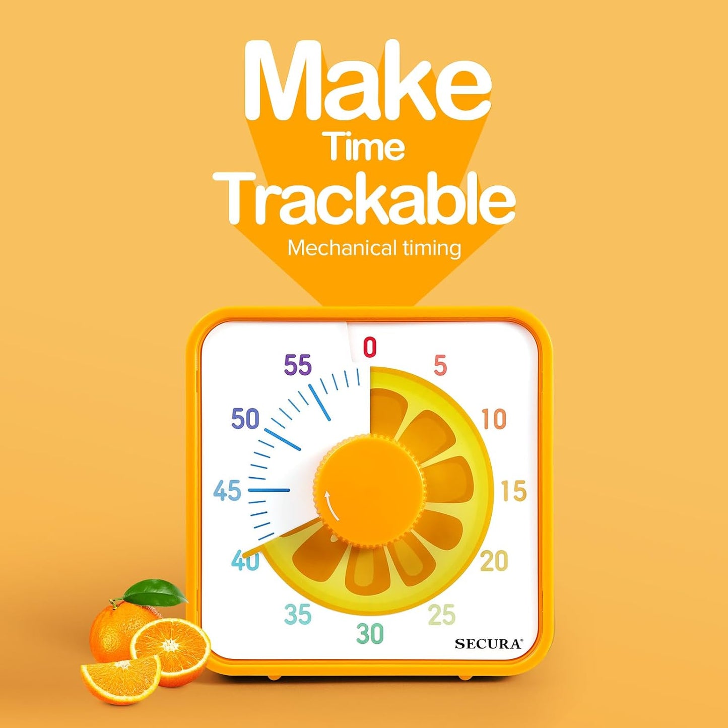 Secura 7.5-Inch Fruit Visual Timer for Kids, 60-Minute Countdown Timer for Classroom or Kitchen, Durable Mechanical Timer Clock with Magnetic Backing (Orange)