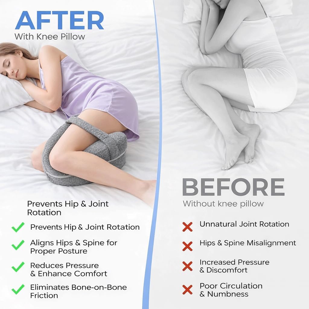 Knee Pillow for Side Sleepers Hip Pain,Alignment Pillows for Side Sleepers with Adjustable Strap,Leg Pillow for Side Sleeping,Shaped Memory Foam Pillows Relieving Leg, Back, Knee (Blue)