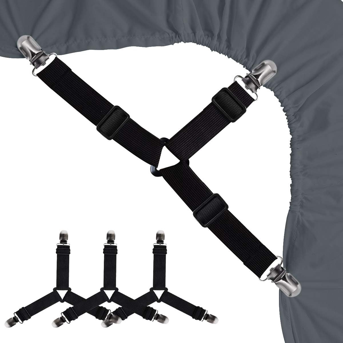 Bed Sheet Holders Straps Fasteners - 4 Pcs 3 Ways Sheet Fasteners Fitted Sheet Corner Grippers Holder Elastic Adjustable Sheet Clip Hooks Suspenders Straps(Black Triangle)