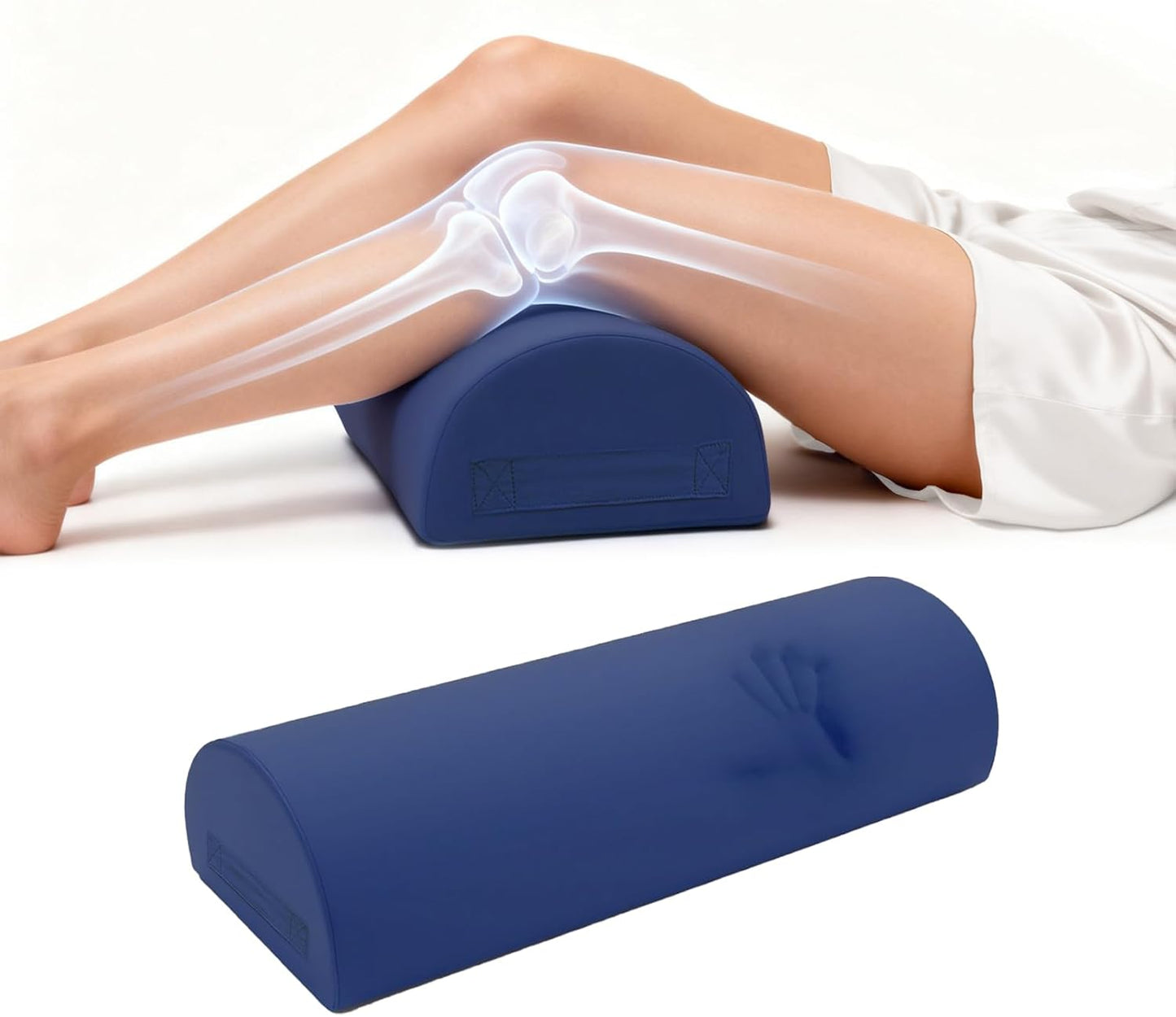 Knee Pillow for Back Sleeping - Half Moon Bolster Pillow for Legs - Cooling Under Knee Pillow for Sleeping on Back, Leg Support, Foot Elevation (Misty Blue)