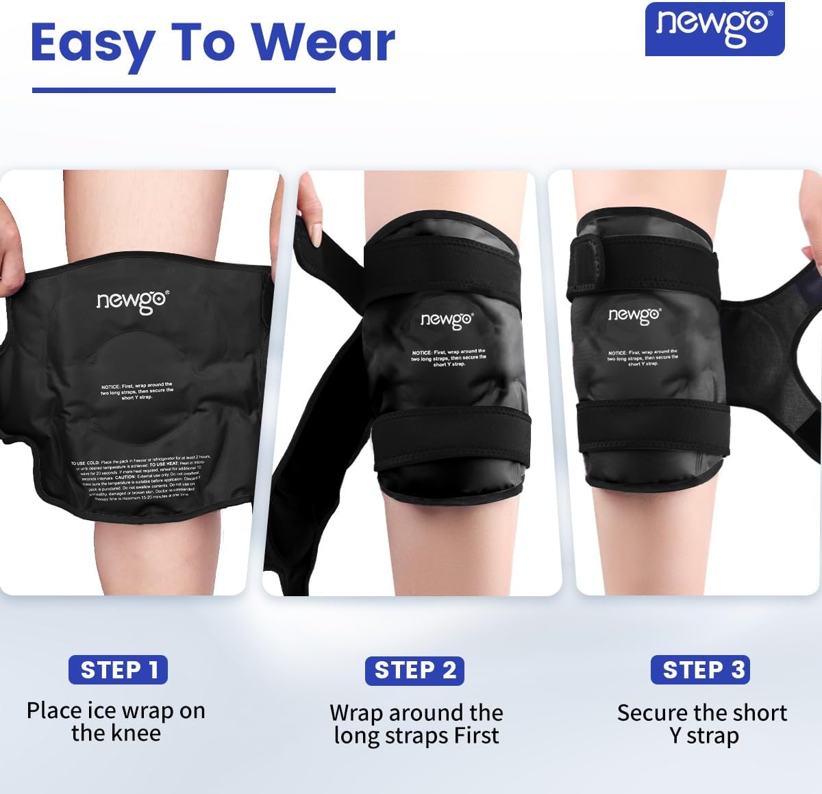 NEWGO Knee Ice Pack Wrap, 360° Full Wrap, Blue | Y-shaped Strap Stays Put, Reusable for Knee Replacement, ACL, Arthritis, Swelling, and Sports Injuries, 21.7" x 9.8"