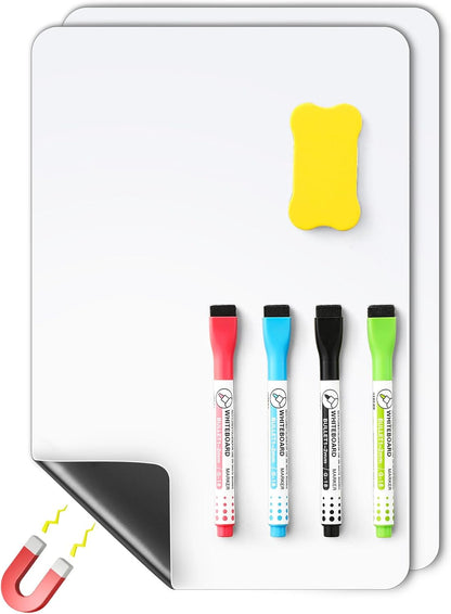 4 PACK Magnetic Dry Erase Board Sheet for Fridge, 12"x8" Erasable Refrigerator WhiteBoard w/ 6 Markers & 1 Eraser- Smooth and Flexible Small Magnet Blank Notepad for Home Kitchen Organizer and Planner