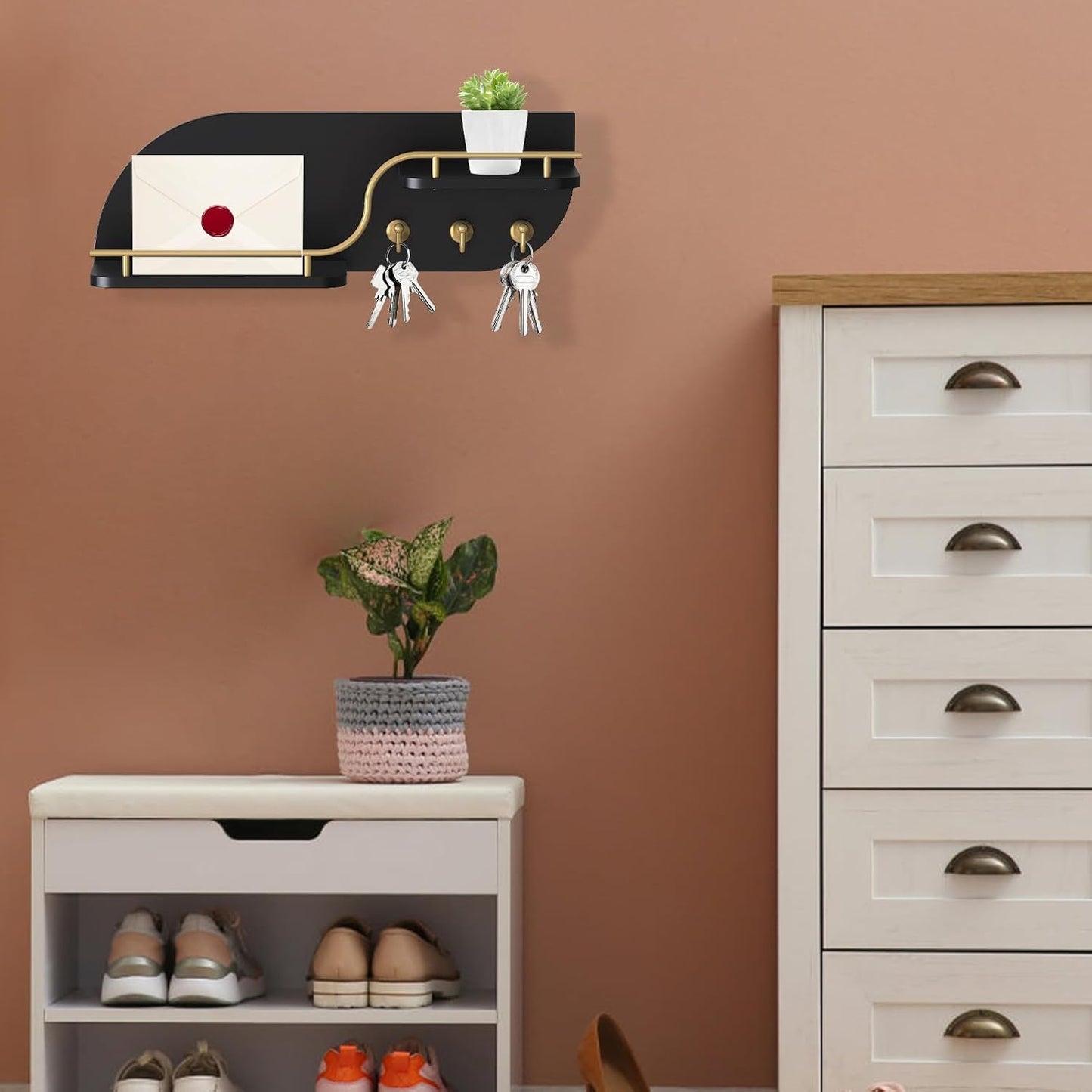 Key Holder for Wall, Decorative Key and Mail Organizer with 3 Metal Hooks and 2 Shelves, Wood Wall Mounted Key Rack for Entryway, White