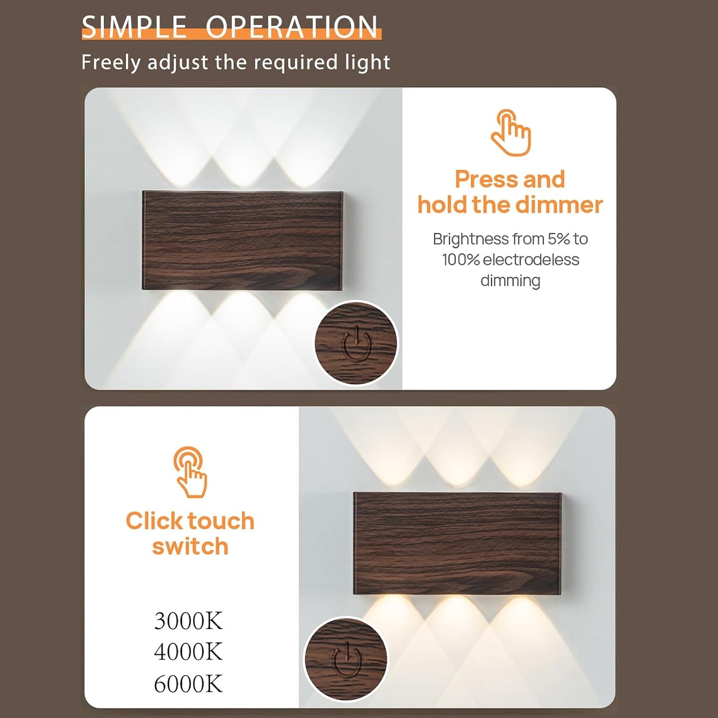2 Pcs LED Magnetic Wall Sconce Lights,5000mAh Wireless Bedside Wall Light USB Rechargeable Reading Wall Lamp,3 Lighting Colors And Dimmable Battery Operated Wall Sconces (Walnut color, 2 pcs)