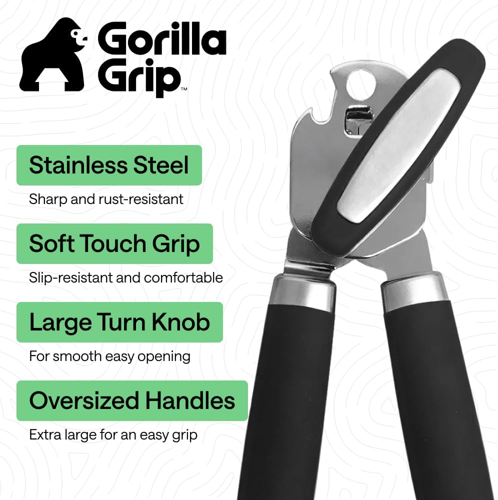 GORILLA GRIP Original Model Stainless Steel Smooth Edge Manual Can Opener and Bottle Openers, US Designed, Comfortable Handle, Oversized Handheld Turn Knob, Multifunctional Kitchen Tool, Gray
